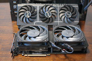 "Deshrouded Asus Prime 5070 Ti with two 120 mm Noctua fans"