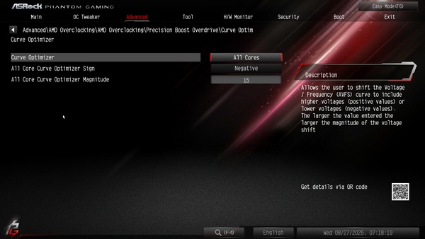 "_AMD PBO Curve Optimizer (CO)_ set to -15 mV on all cores. Currently running with -17 mV without problems."