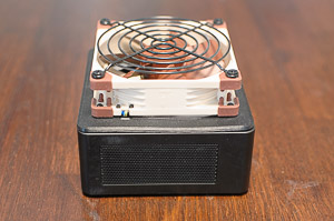 "Side view to show the fan wires routed through the notch"